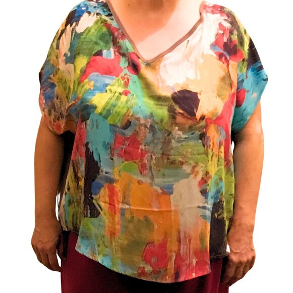 Mediterranean Abstract Art V‑Neck Blouse – Rare VIDA × Noora Elkoussy Collab - Picture 2 of 5